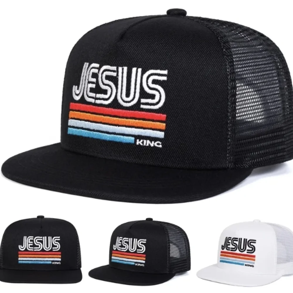 Jesus King Black Trucker Hat with Retro Stripes